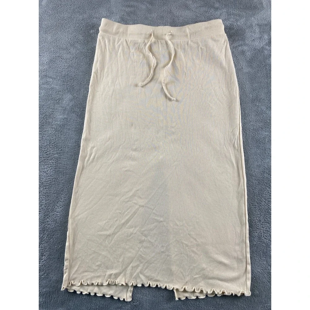 HM Divided Beige Cotton Jersey Midi Skirt Drawstring Lettuce Edge Hem Small